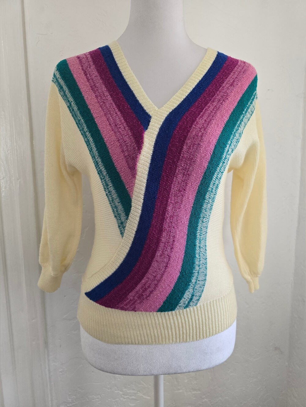 Vintage Cream Sweater with Pink, Teal & Blue Stripes